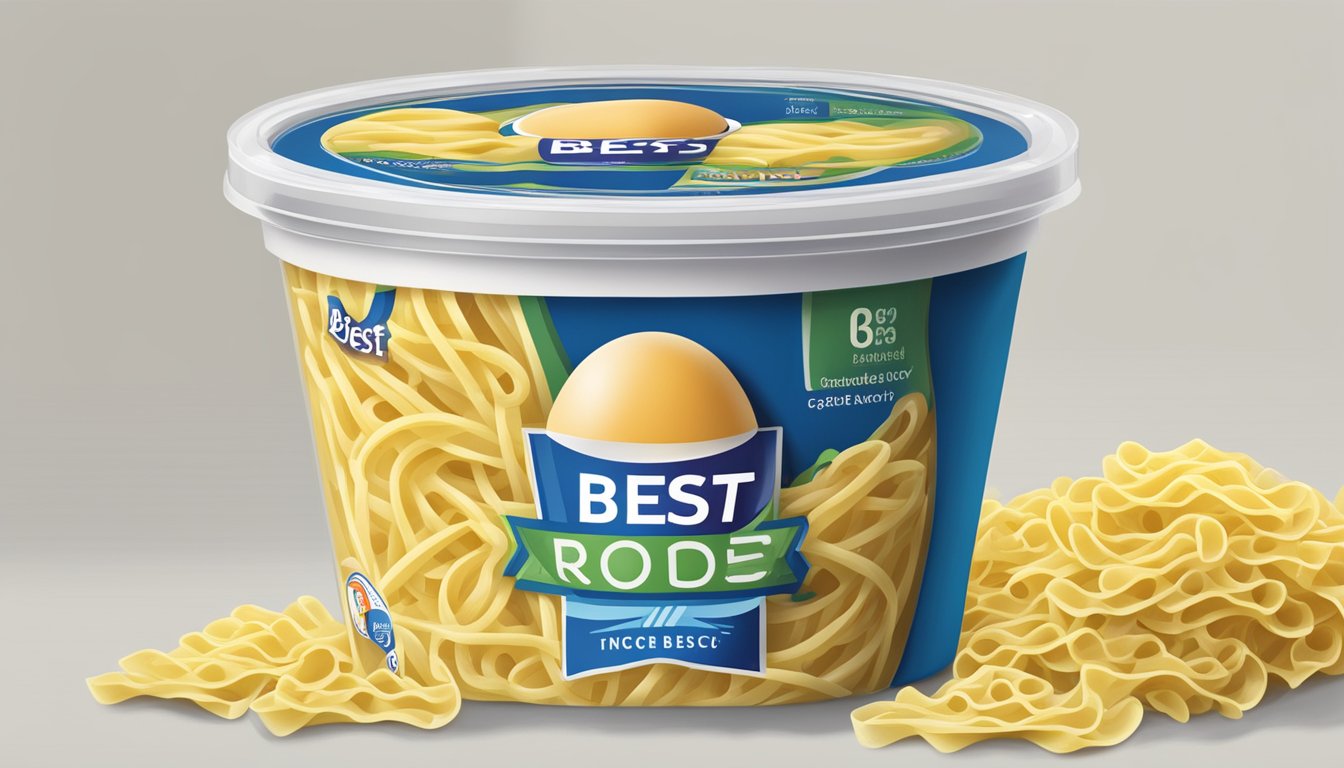 A package of egg noodles in a sealed container with a "best by" date displayed prominently