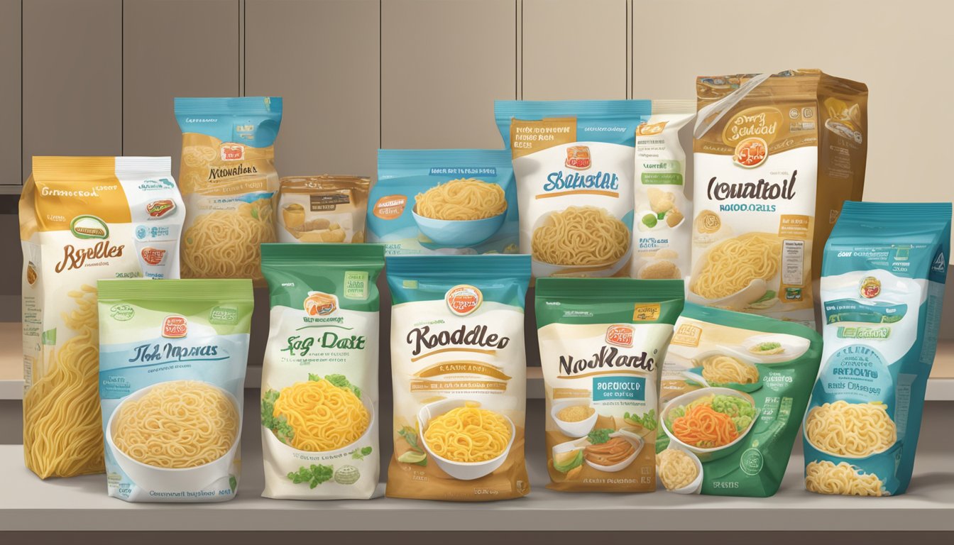 A variety of noodle options, including egg noodles, displayed on a kitchen counter with various expiration dates indicated