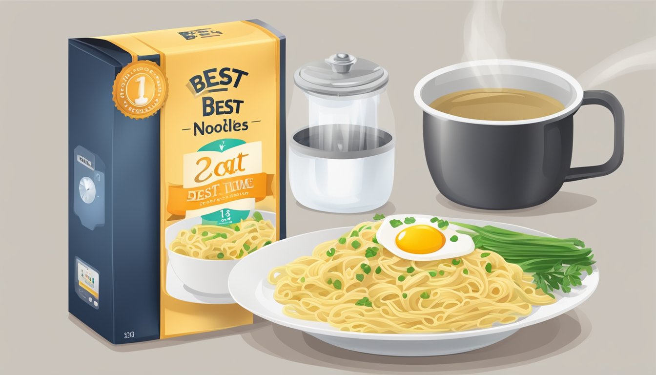 A package of egg noodles with a "best by" date on the label, alongside a pot of boiling water and a timer set for the recommended cooking time