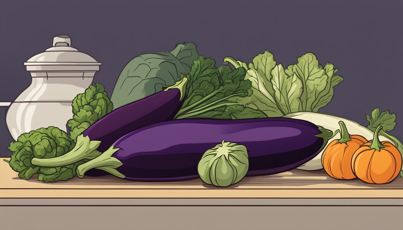 A fresh eggplant sits on a clean, dry countertop, surrounded by other vegetables. The room is cool and dimly lit, with no signs of spoilage