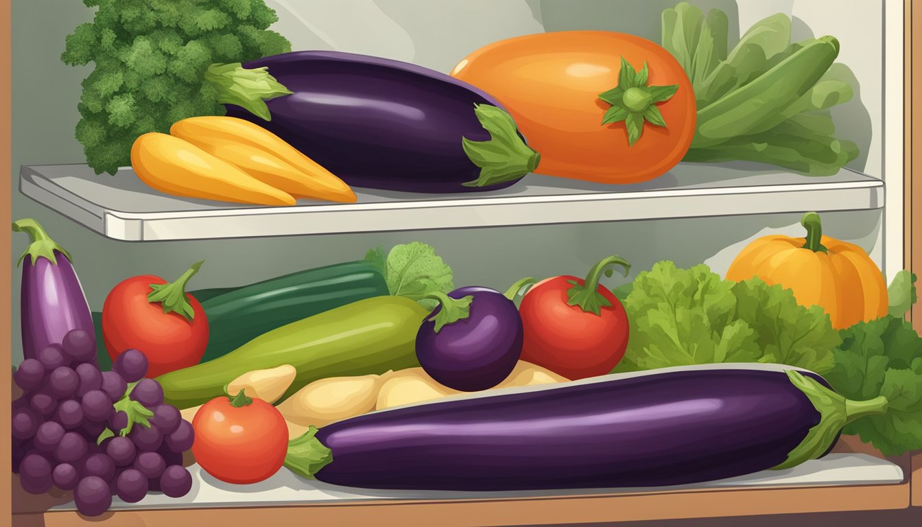 A whole eggplant stored in a refrigerator next to other fresh vegetables and fruits