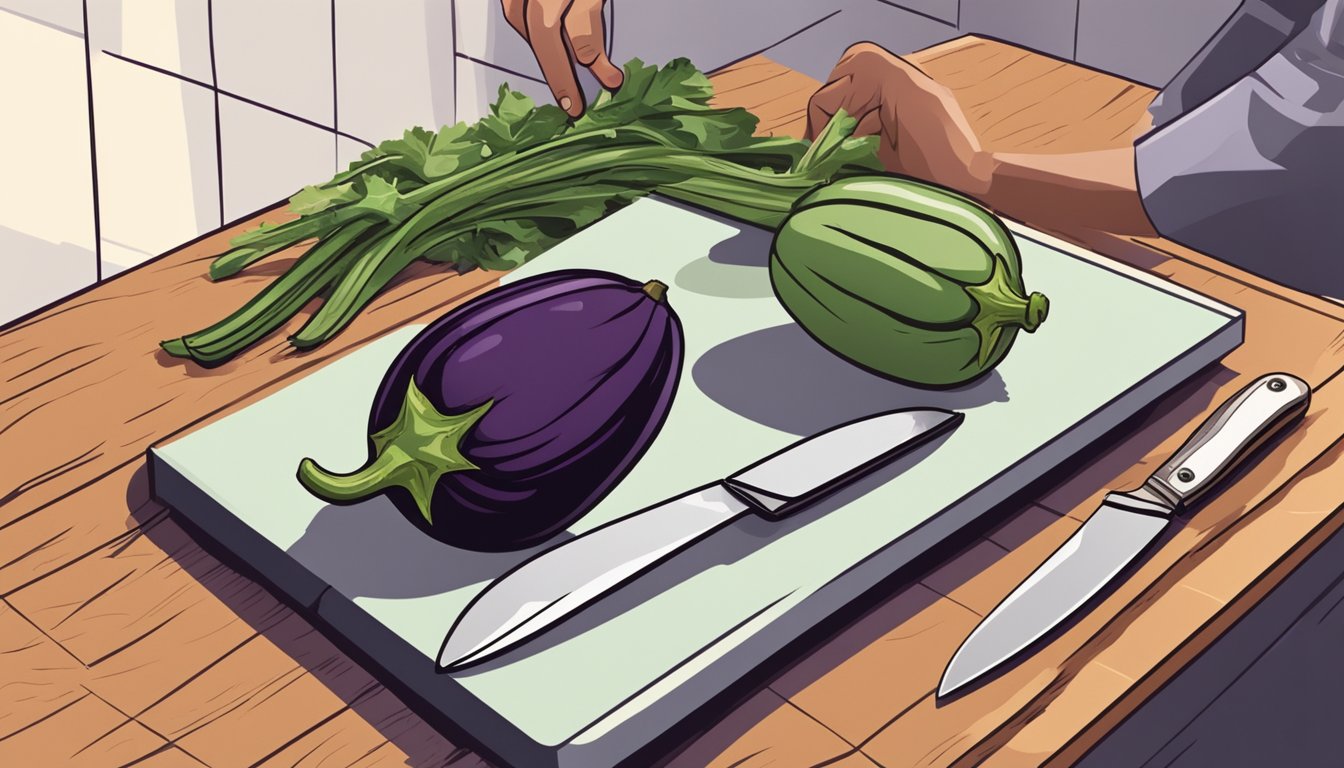 An eggplant sits on a kitchen counter next to a cutting board and knife. A hand reaches for the vegetable, ready to prepare it for cooking