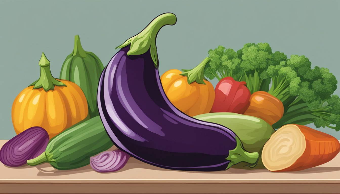 A fresh eggplant sits on a kitchen counter next to a pile of colorful vegetables