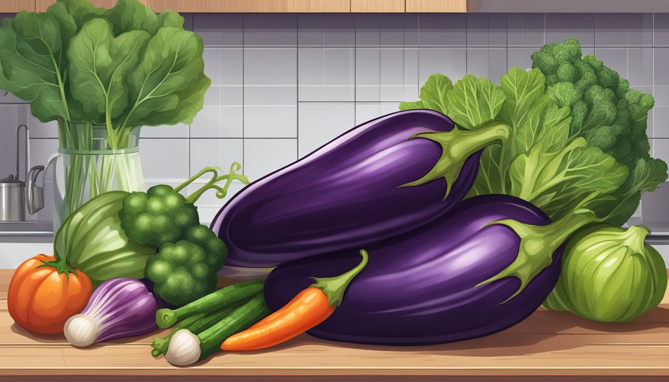 An eggplant sits on a kitchen counter, surrounded by other vegetables. The skin is smooth and shiny, with no signs of spoilage