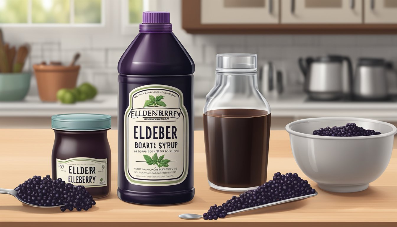 A bottle of elderberry syrup sits on a kitchen counter, next to a spoon and a measuring cup. The label on the bottle indicates the expiration date