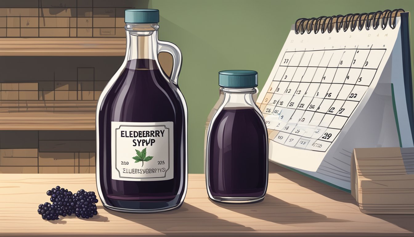 A glass bottle of elderberry syrup sits on a shelf next to a calendar showing the current date. The bottle is sealed with a label indicating the expiration date