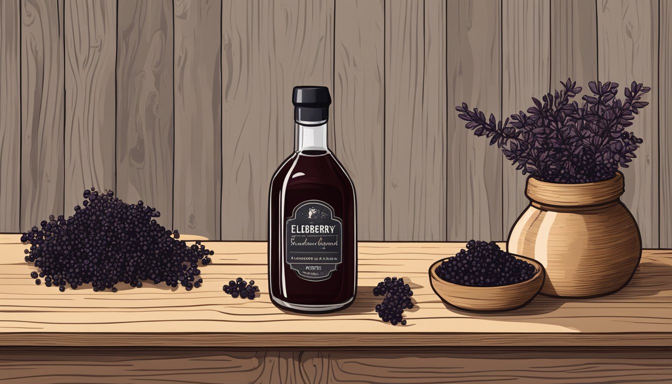 A glass bottle of elderberry syrup sits on a rustic wooden shelf, surrounded by dried elderberries and herbs. The label on the bottle indicates the expiration date