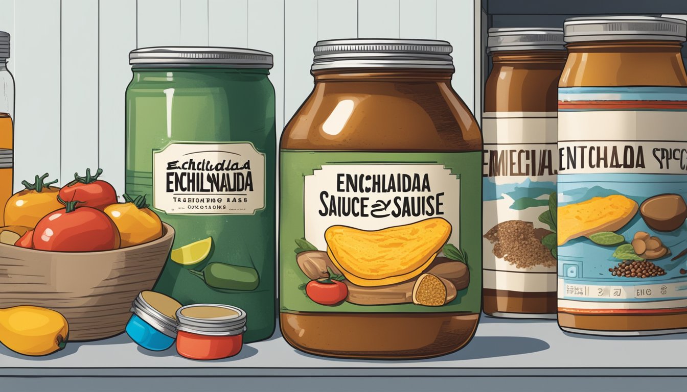 A jar of enchilada sauce mix sits on a pantry shelf next to canned goods and spices, with a label indicating the expiration date