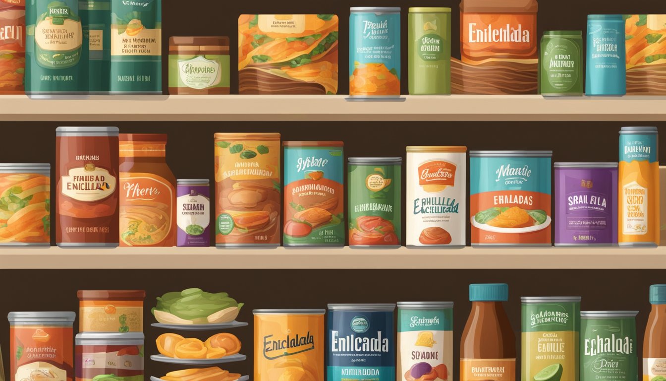 A pantry shelf with a variety of food items, including a packet of enchilada sauce mix, alongside other canned and packaged goods