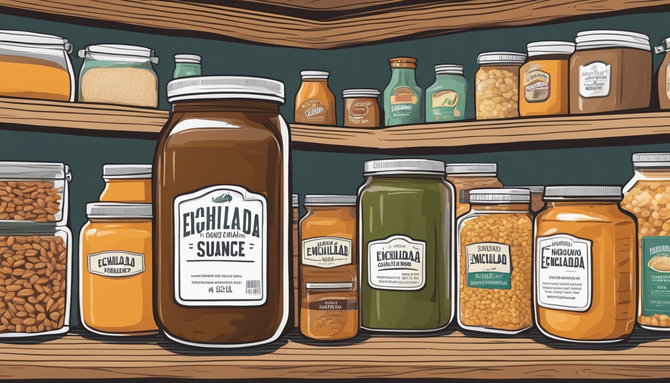 A pantry shelf with a sealed jar of enchilada sauce mix, surrounded by other dry goods and labeled with expiration date