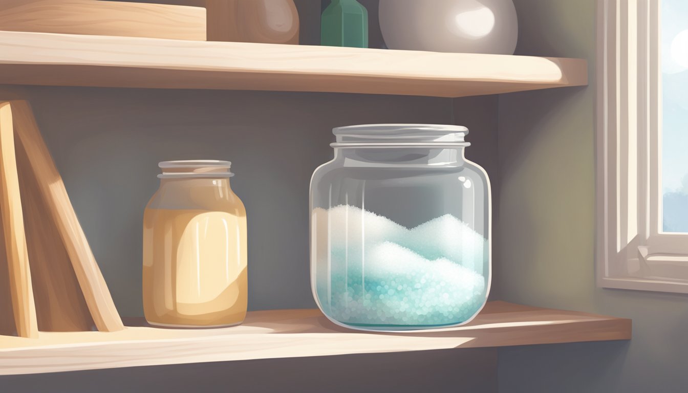 A clear glass jar filled with Epsom salt sits on a wooden shelf, bathed in soft natural light from a nearby window