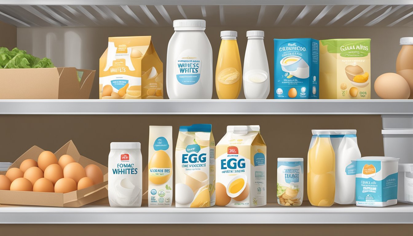 A carton of egg whites sits on a clean, organized shelf in a refrigerator, surrounded by other food items