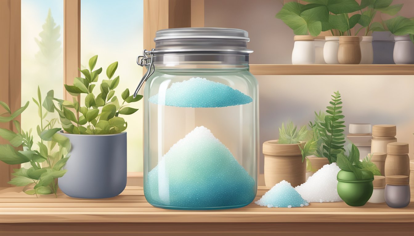 A clear glass jar filled with Epsom salt sits on a wooden shelf, surrounded by various other containers and natural elements