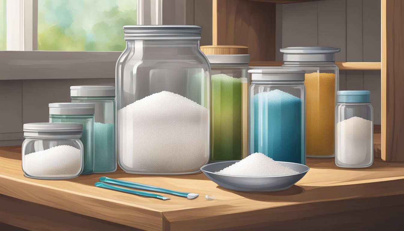 A clear glass jar of Epsom salt sits on a wooden shelf, surrounded by various containers and measuring tools. The salt appears dry and granular, with no signs of clumping or moisture