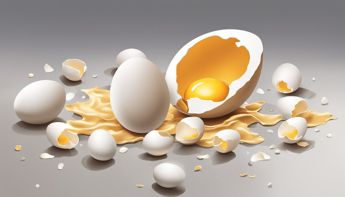 A cracked egg with egg whites spilling out onto a countertop, surrounded by a few empty eggshells