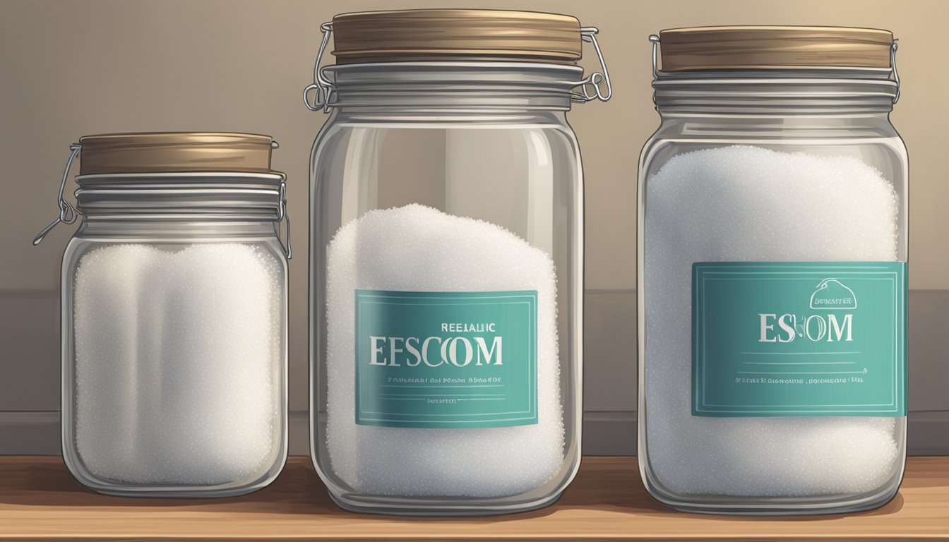 A glass jar filled with Epsom salt sits on a shelf, sealed tightly with a lid to preserve its freshness. A label indicates the date of purchase for reference