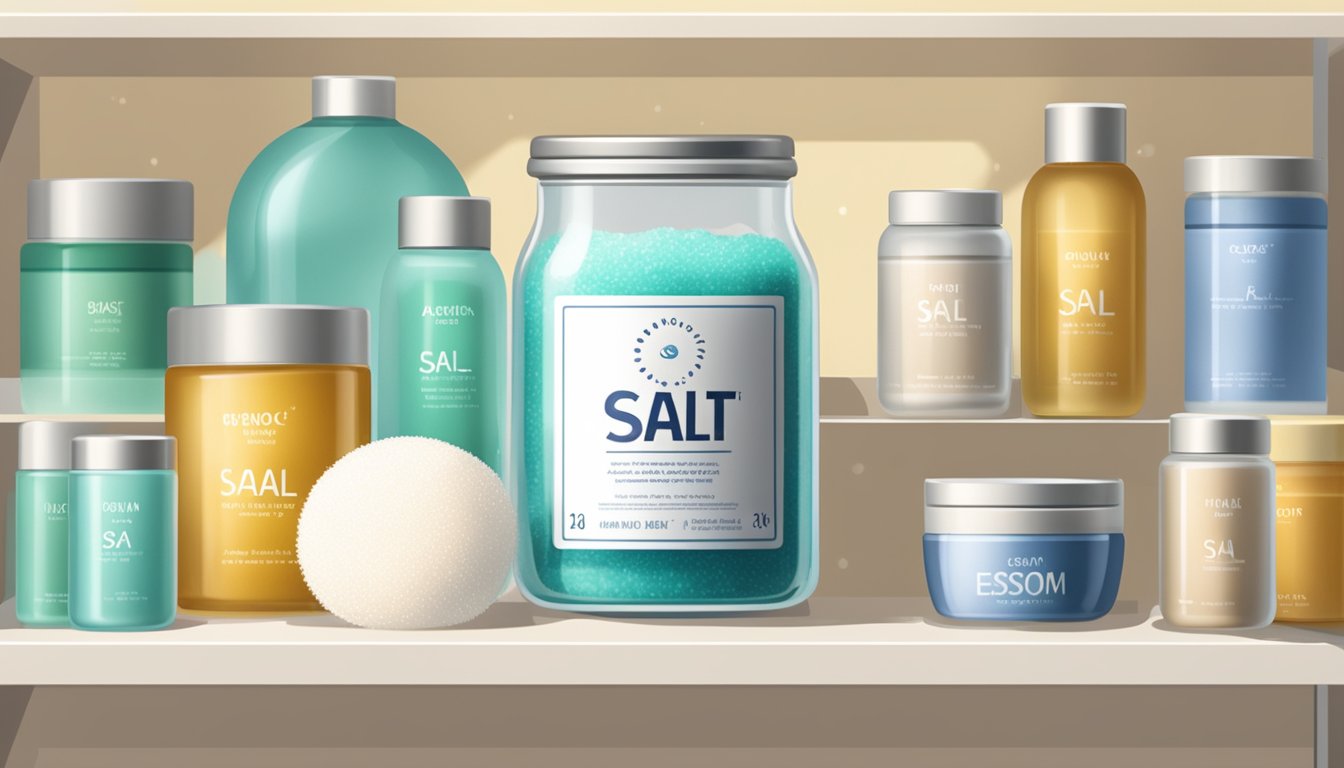 A glass jar of Epsom salt sits on a shelf, surrounded by various containers and bath products. Rays of sunlight illuminate the label, emphasizing the product's longevity