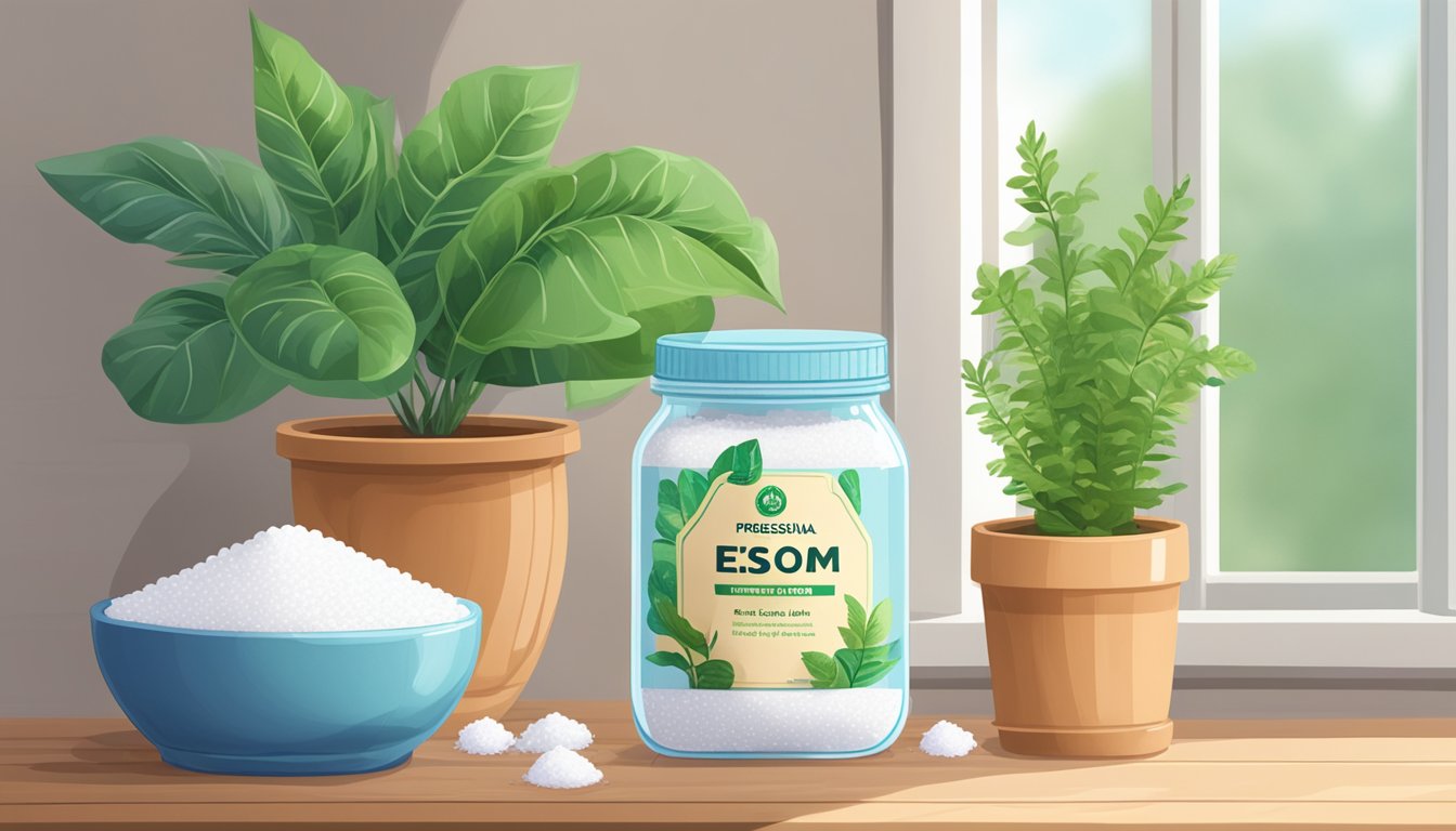 A clear glass jar filled with Epsom salt sits on a wooden shelf next to a potted plant and a bag of fertilizer