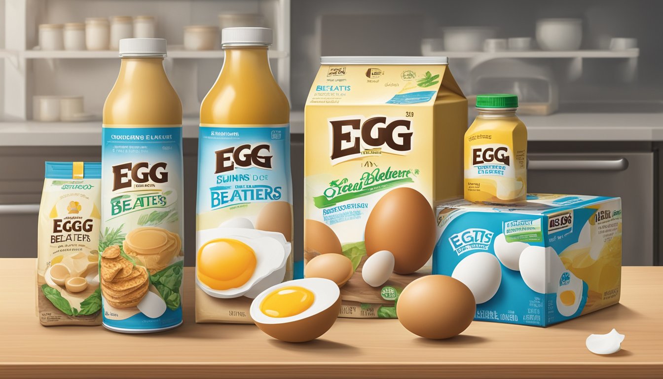 A carton of Egg Beaters Original sits on a refrigerator shelf, surrounded by other food items. The expiration date is clearly visible on the packaging