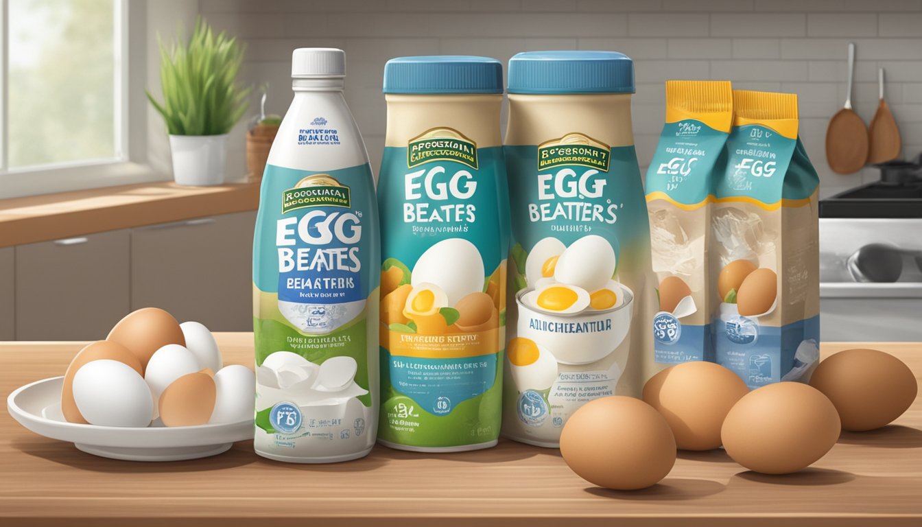 A carton of Egg Beaters Original sits on a kitchen shelf, surrounded by other food items. The expiration date is clearly visible on the packaging