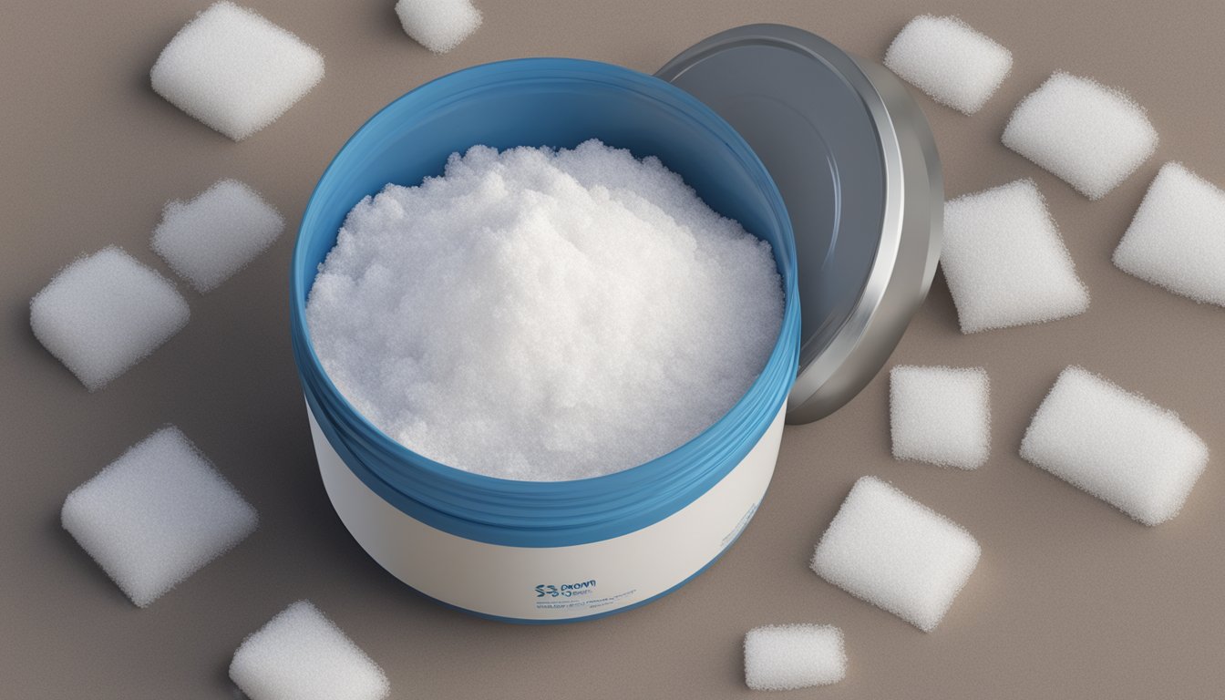 A pile of expired Epsom salt sits in a neglected container, with visible clumps and discoloration