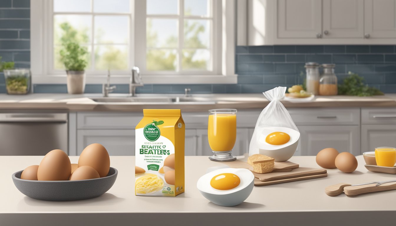 A carton of Egg Beaters Original sits unopened on a clean, organized kitchen counter, surrounded by other breakfast ingredients