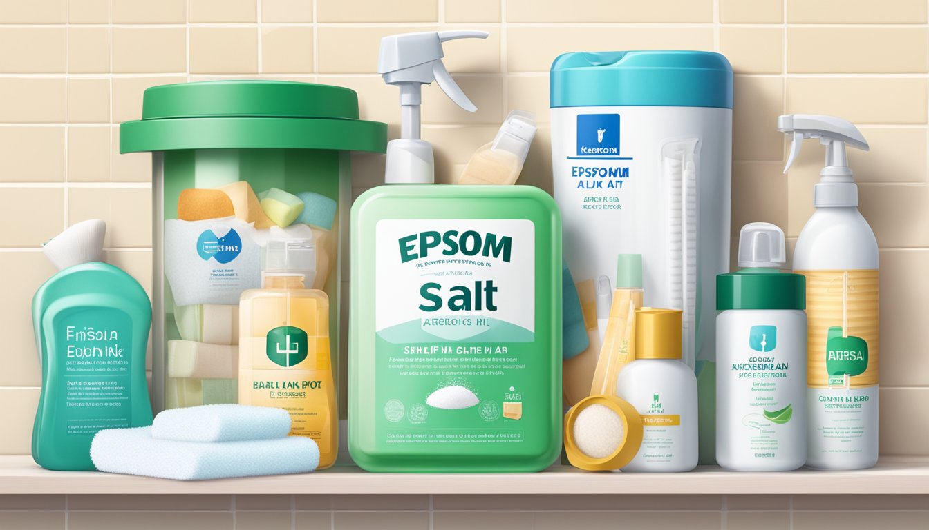 A shelf with a sealed container of Epsom salt, surrounded by other bath products and a first aid kit