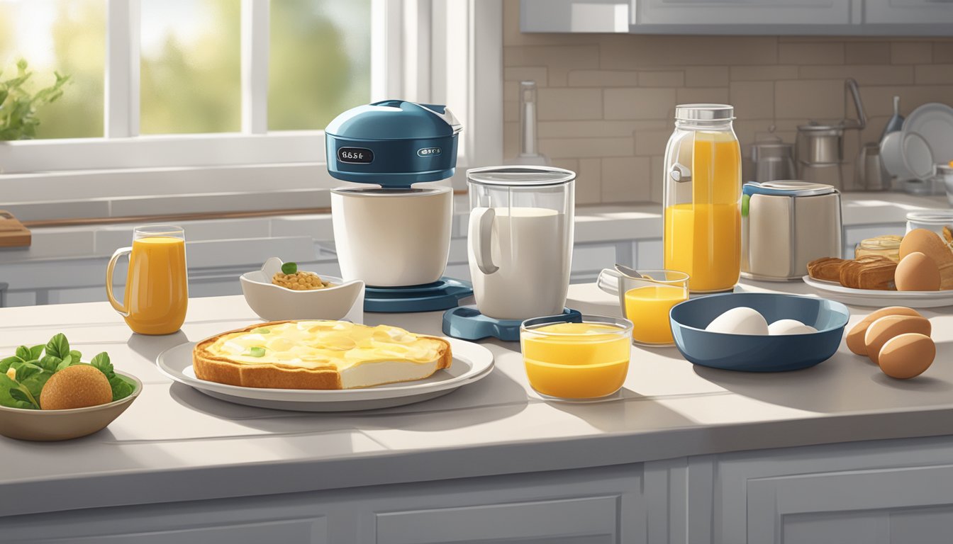 A carton of Egg Beaters Original sits on a clean, well-lit kitchen counter, surrounded by other breakfast items