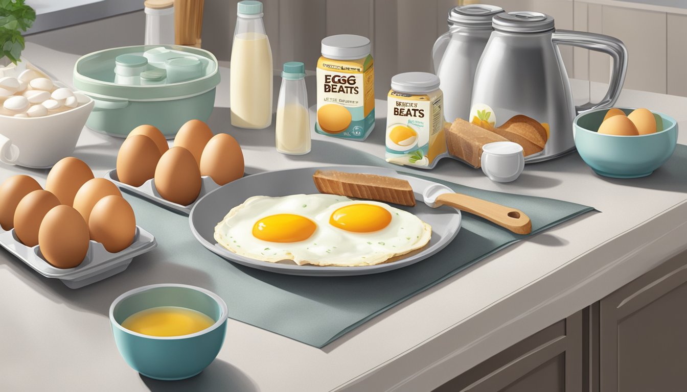 A carton of Egg Beaters Original sits unopened on a clean, organized kitchen counter, surrounded by other breakfast items