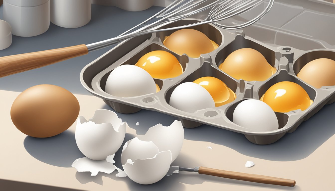 A carton of Egg Beaters Original sits unopened on a clean kitchen counter, surrounded by a few cracked eggshells and a whisk