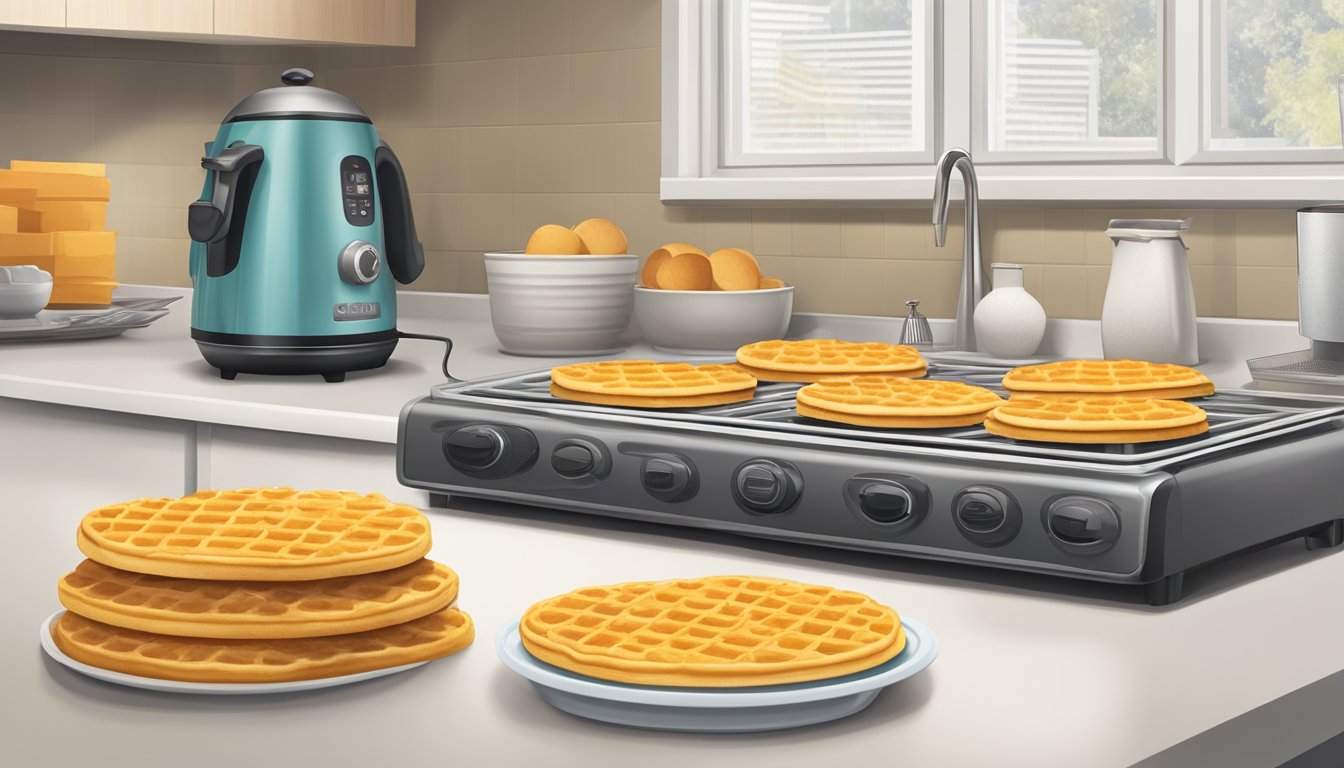 A stack of Eggo waffles sits on a kitchen counter, surrounded by a toaster and a calendar with a date circled