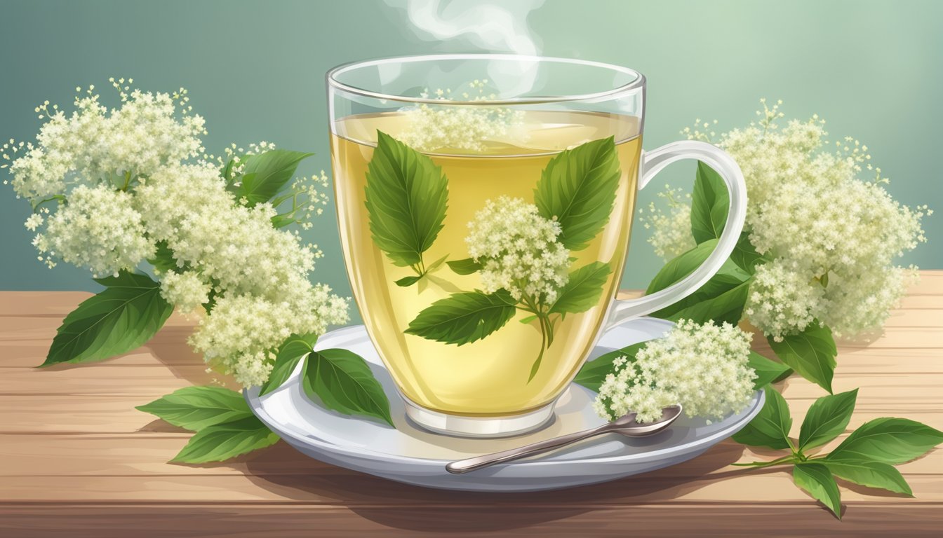 A steaming cup of elderflower tea sits on a wooden table, surrounded by fresh elderflowers and a timer set for 5 minutes