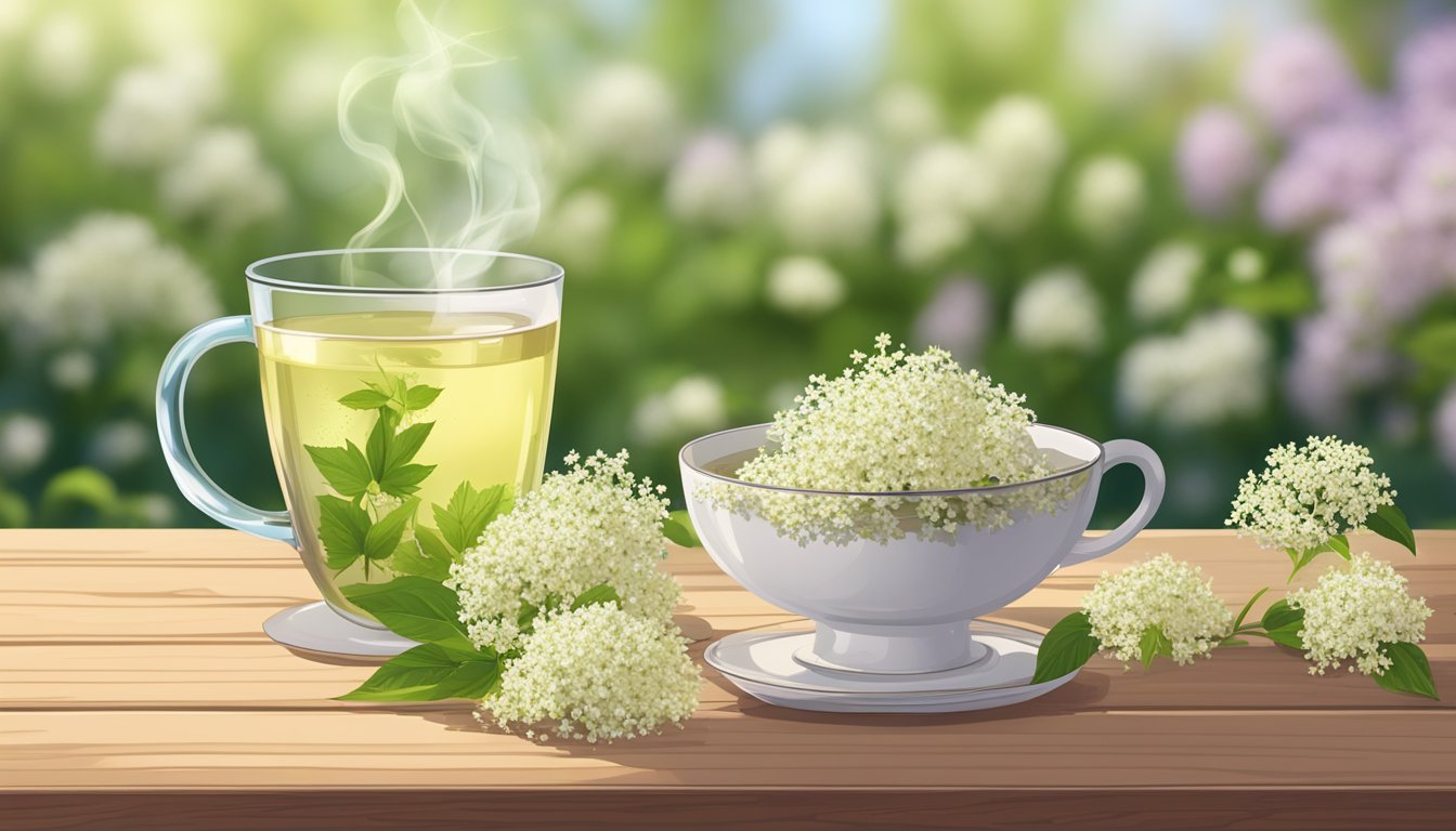 A steaming cup of elderflower tea sits on a wooden table, surrounded by fresh elderflower blossoms and a timer set for steeping