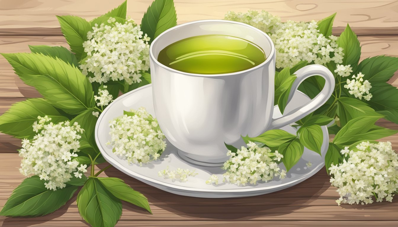 A steaming cup of elderflower tea sits on a rustic wooden table, surrounded by vibrant green leaves and delicate white elderflower blossoms