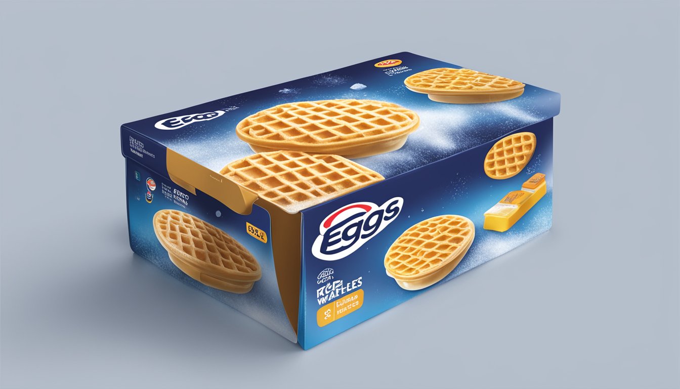 Eggo Waffles stored in a freezer with frost on the packaging