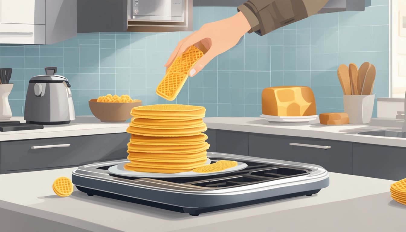 A box of Eggo Waffles sits on a kitchen counter, a toaster beside it. A hand reaches for a waffle, golden and crispy, as it pops out of the toaster