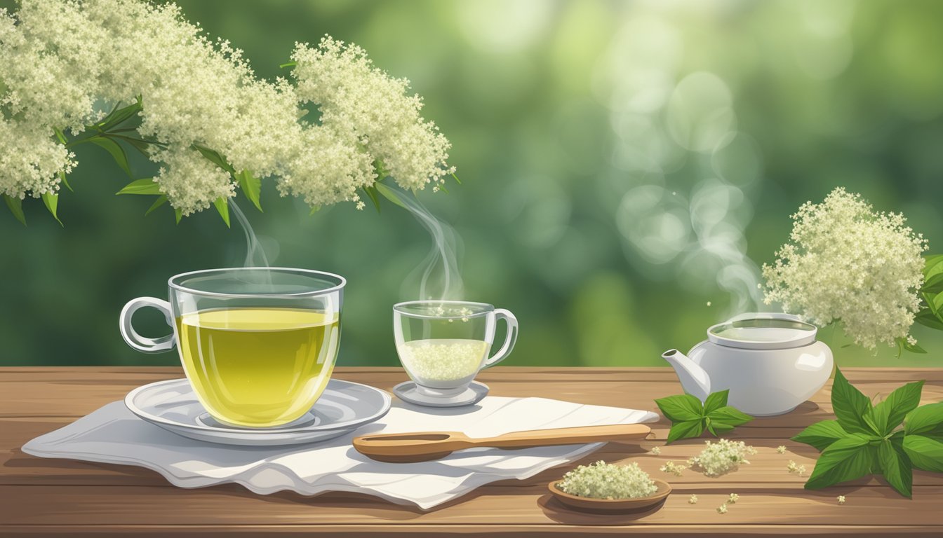 A steaming cup of elderflower tea sits on a rustic wooden table, surrounded by fresh elderflowers and a timer set for steeping