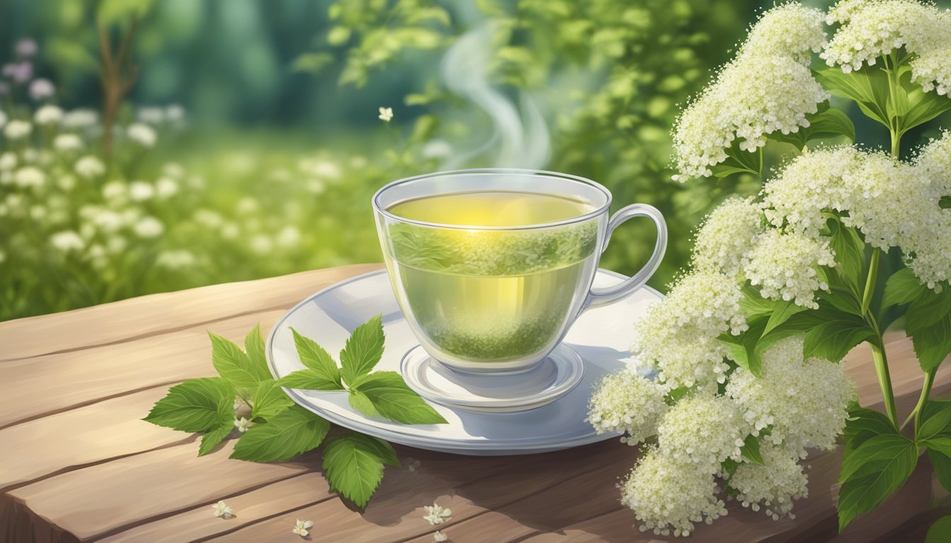 A steaming cup of elderflower tea sits on a wooden table, surrounded by blooming elderflower plants in a peaceful garden setting