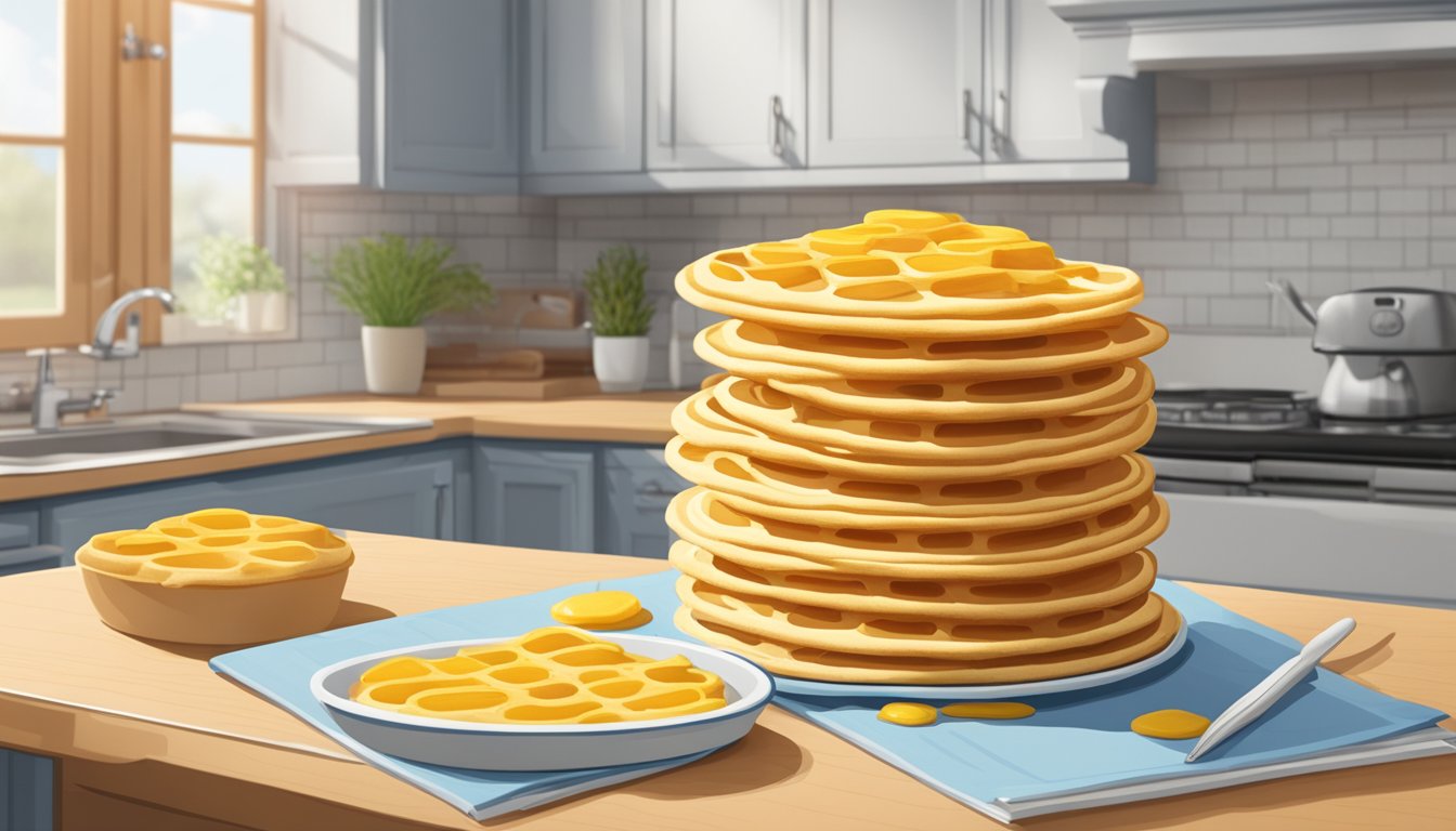 A stack of Eggo Waffles sits on a clean, uncluttered kitchen counter next to a calendar showing the current date