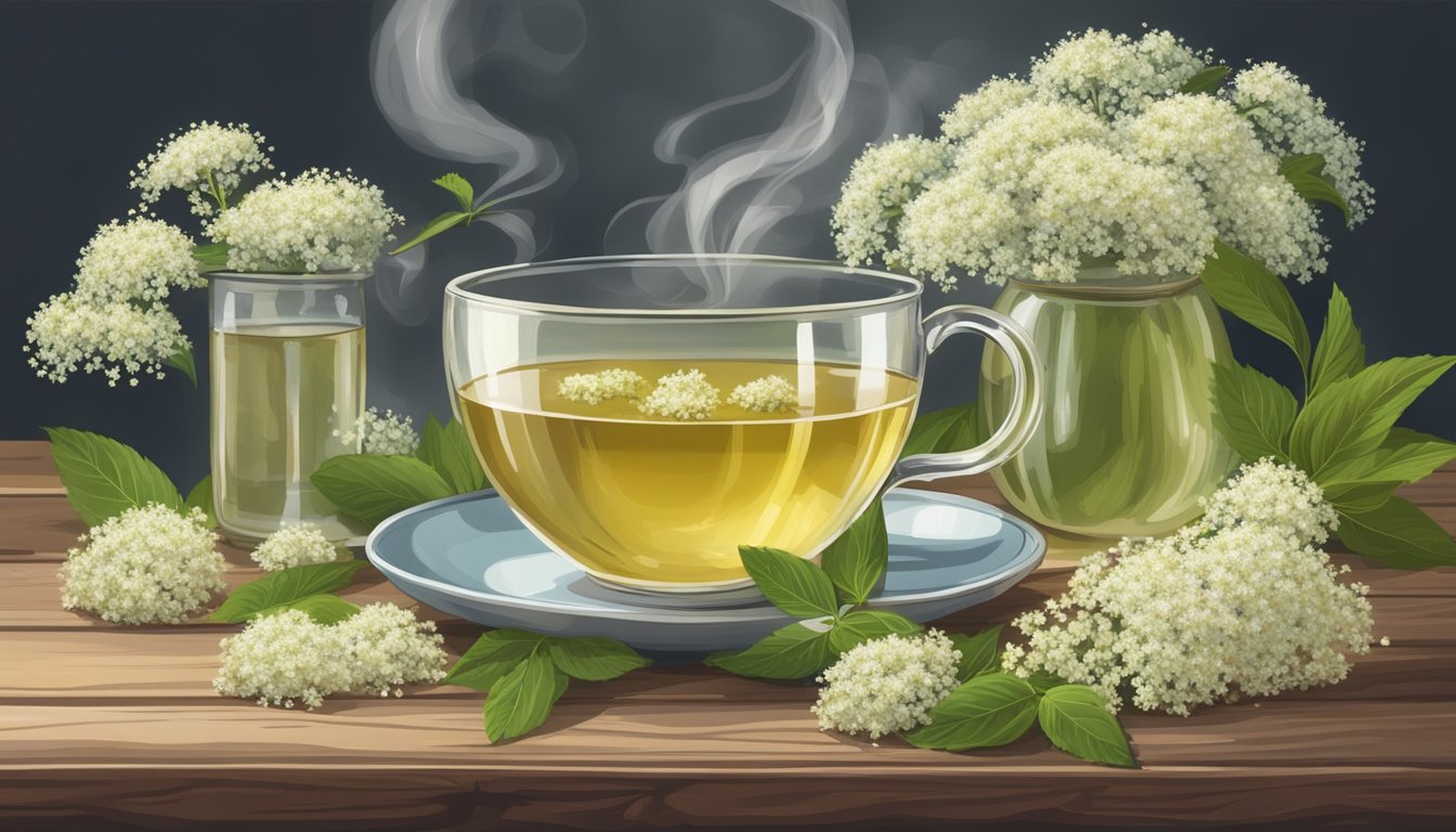 A steaming cup of elderflower tea sits on a rustic wooden table, surrounded by fresh elderflowers and a vintage teapot