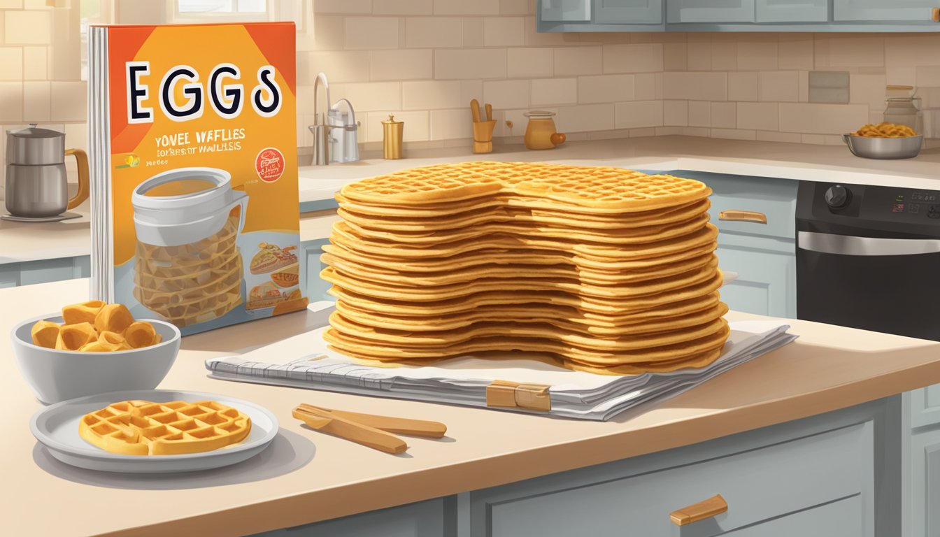 A stack of Eggo Waffles sits on a kitchen counter next to a calendar, with the date circled in red. A box of waffles is open, revealing individual wrapped waffles inside