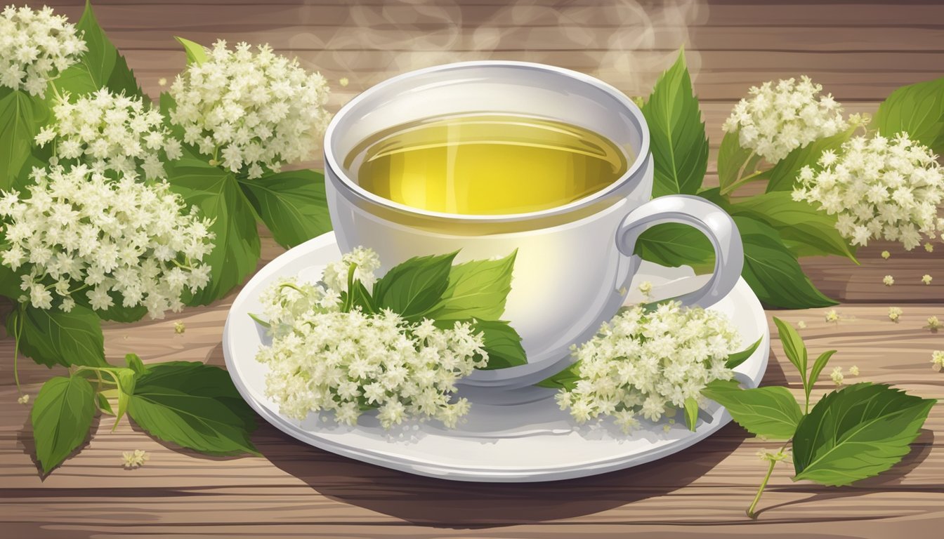 A steaming cup of elderflower tea sits on a rustic wooden table, surrounded by fresh elderflower blossoms and a timer set for steeping