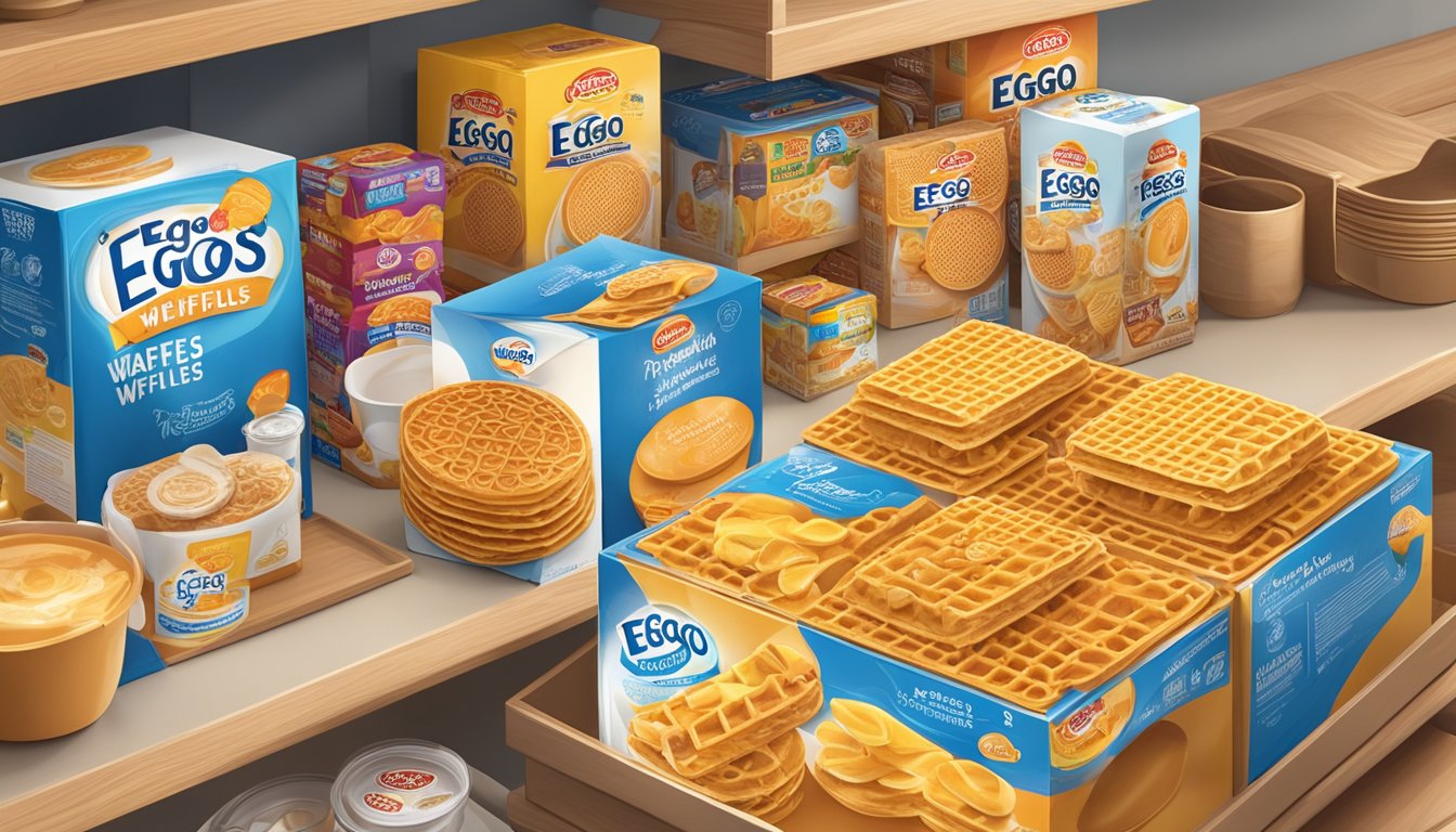 A box of Eggo Waffles sits on a pantry shelf, surrounded by other breakfast items. The packaging is unopened and the waffles are in perfect condition