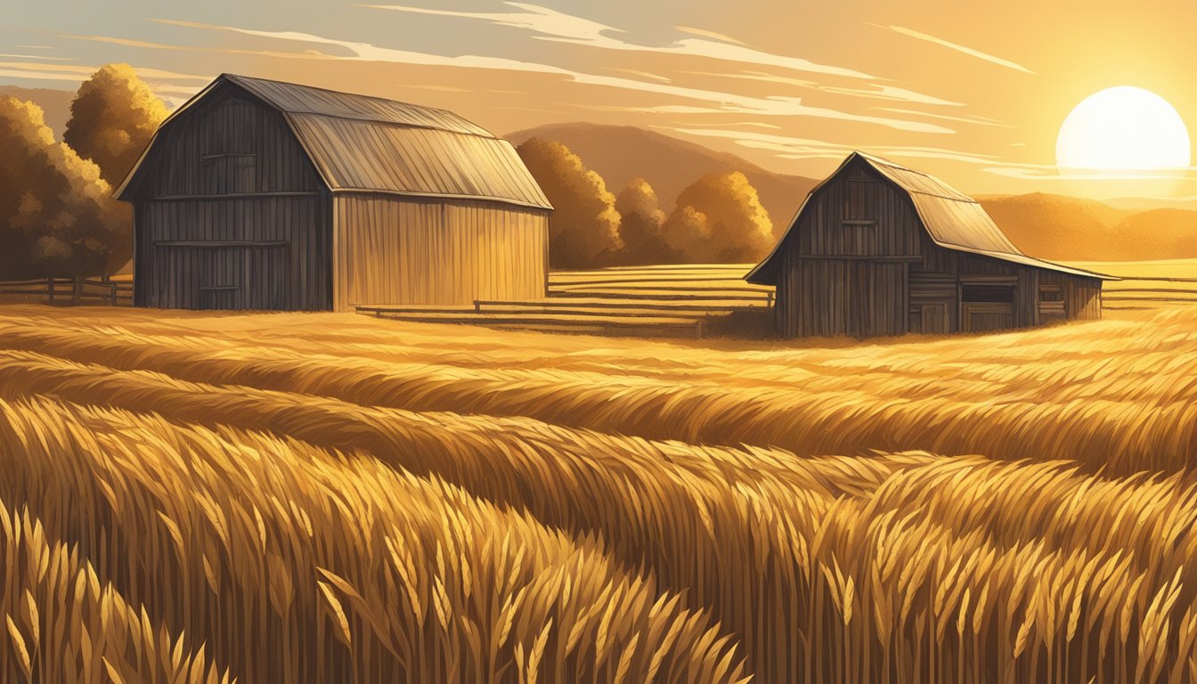 A golden field of einkorn wheat sways in the breeze, with a rustic barn in the background. The sun casts a warm glow over the scene