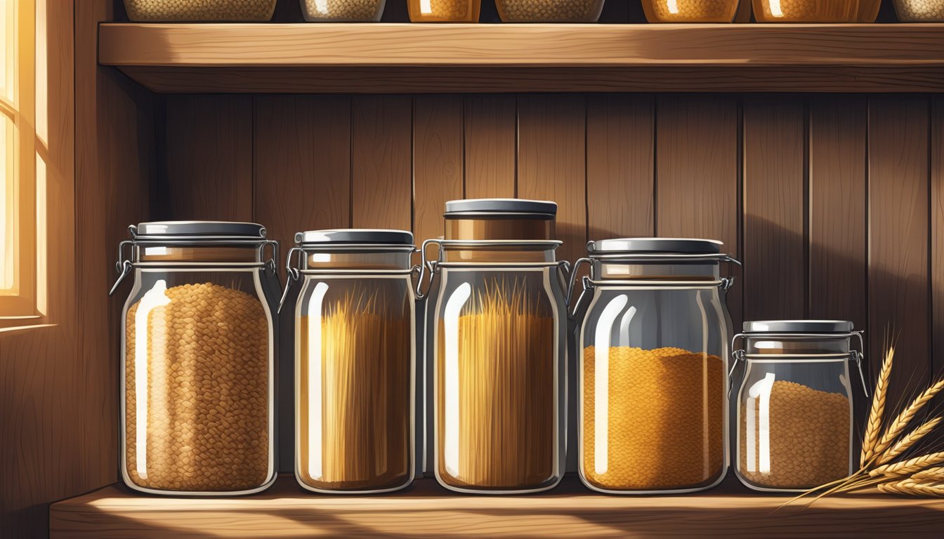 A rustic pantry shelf holds jars of einkorn wheat, sealed in airtight containers. The warm glow of sunlight streams through a nearby window, casting soft shadows on the grains