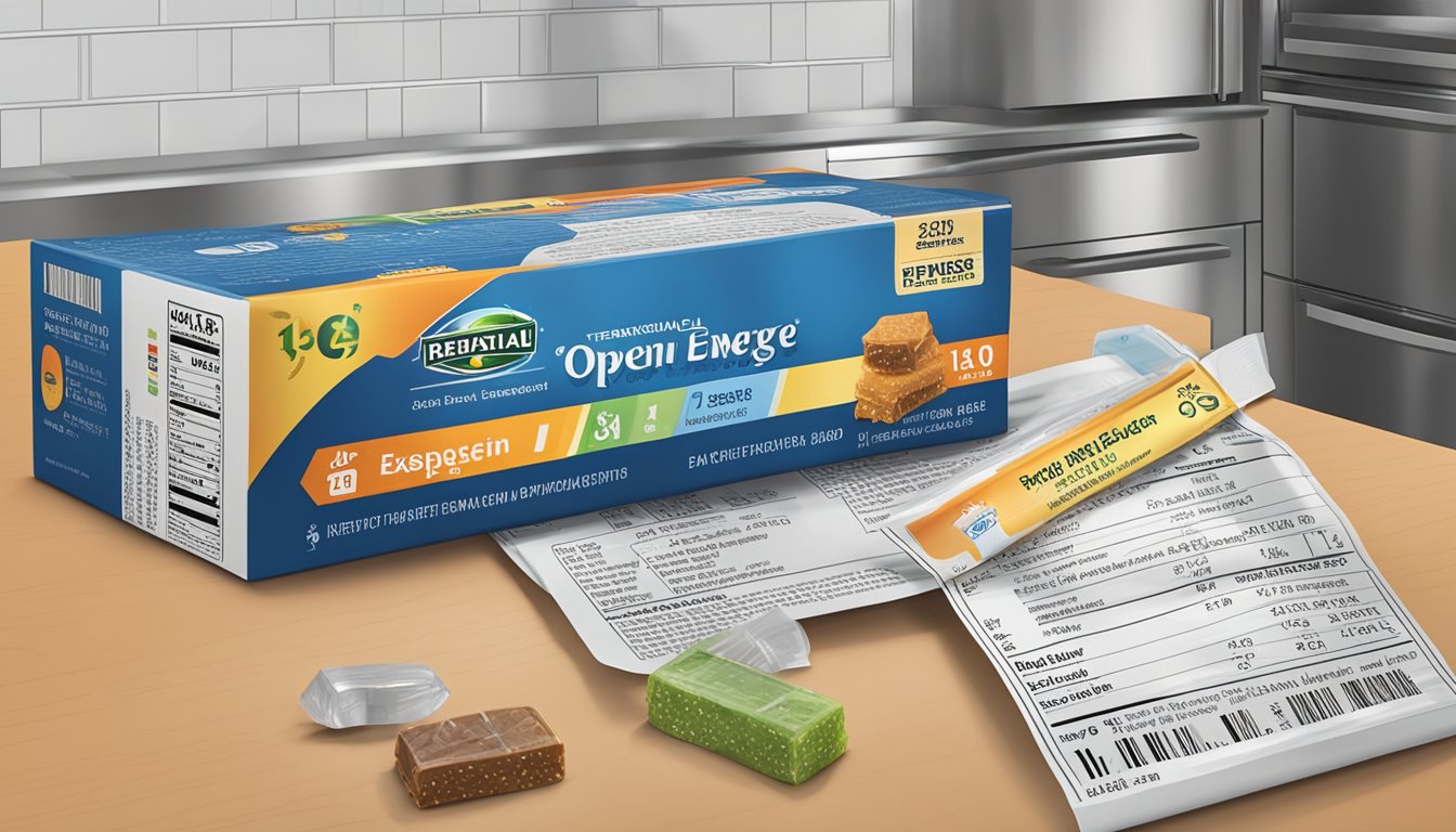 An open energy bar package sits on a kitchen counter, surrounded by various expiration date labels and a temperature gauge