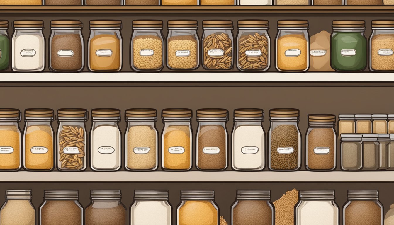 A pantry shelf filled with neatly labeled jars of einkorn wheat, surrounded by other grains and ingredients, with a calendar on the wall marking the date of storage