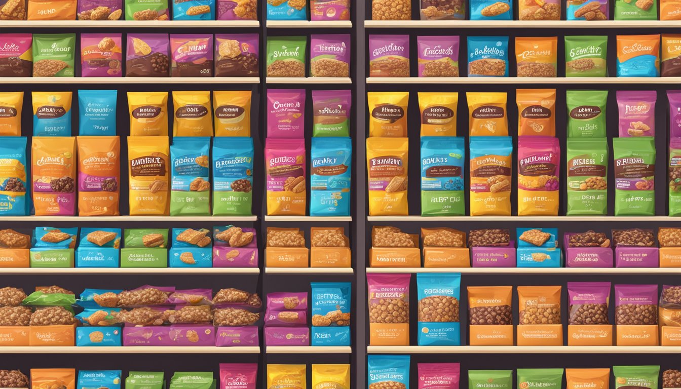 A shelf filled with colorful energy bars in various flavors and packaging, with expiration dates clearly displayed