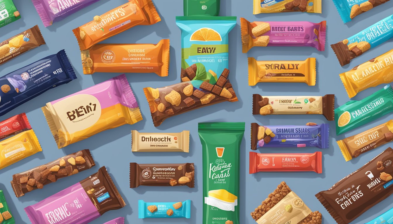 An assortment of energy bars arranged neatly on a shelf, with various brand labels prominently displayed. Some bars are wrapped in colorful packaging, while others have a more minimalist design