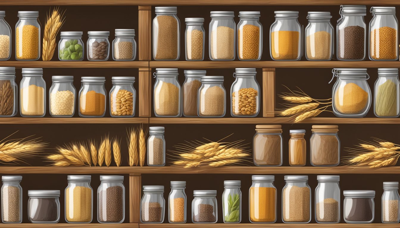 A rustic pantry shelf with various grains in glass jars, including einkorn wheat, surrounded by a warm, natural light